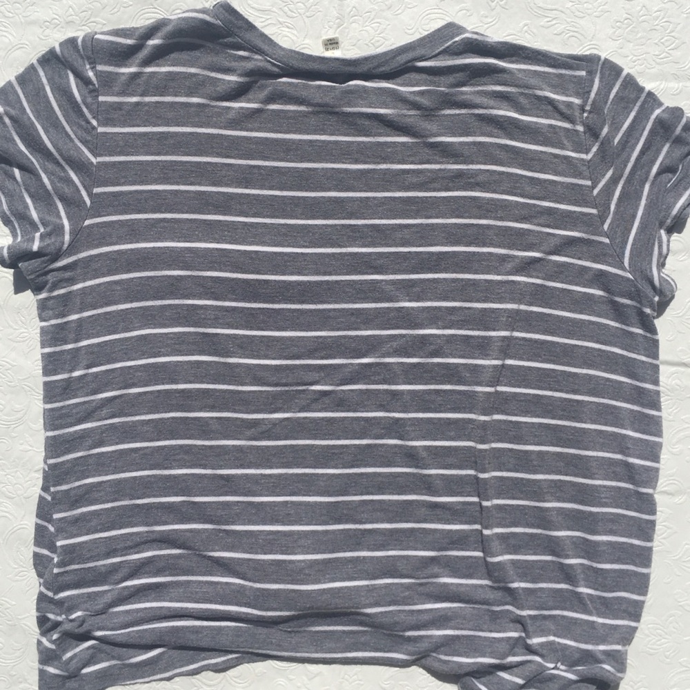 Gray white-striped shirt with small tie in front